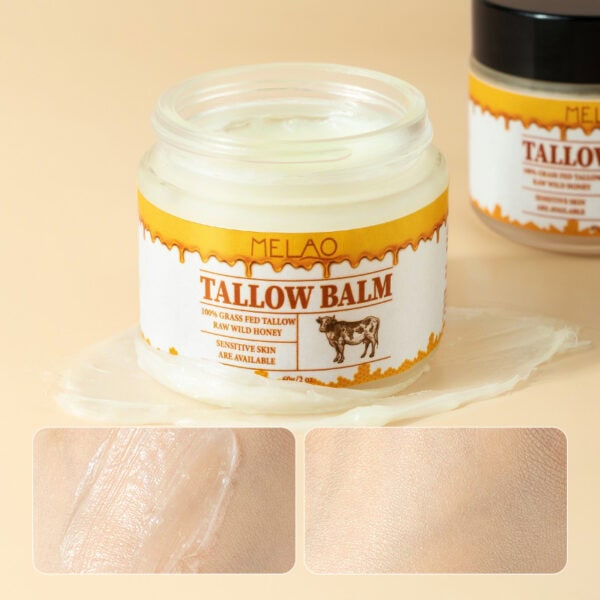 tallow balm 60 gram , een potje met de balm, uitgesmeerd op huid