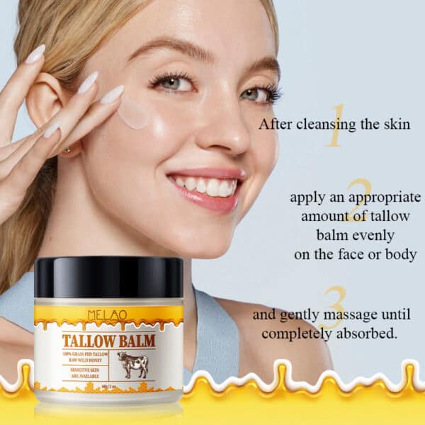 tallow balm 60 gram op het gezicht van een vrouw