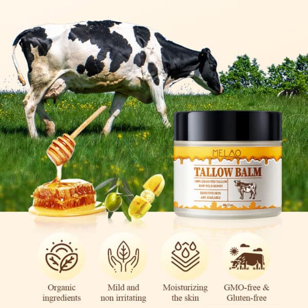 tallow balm 60 gram , op de achtergrond een grasveld en een koe, en honing